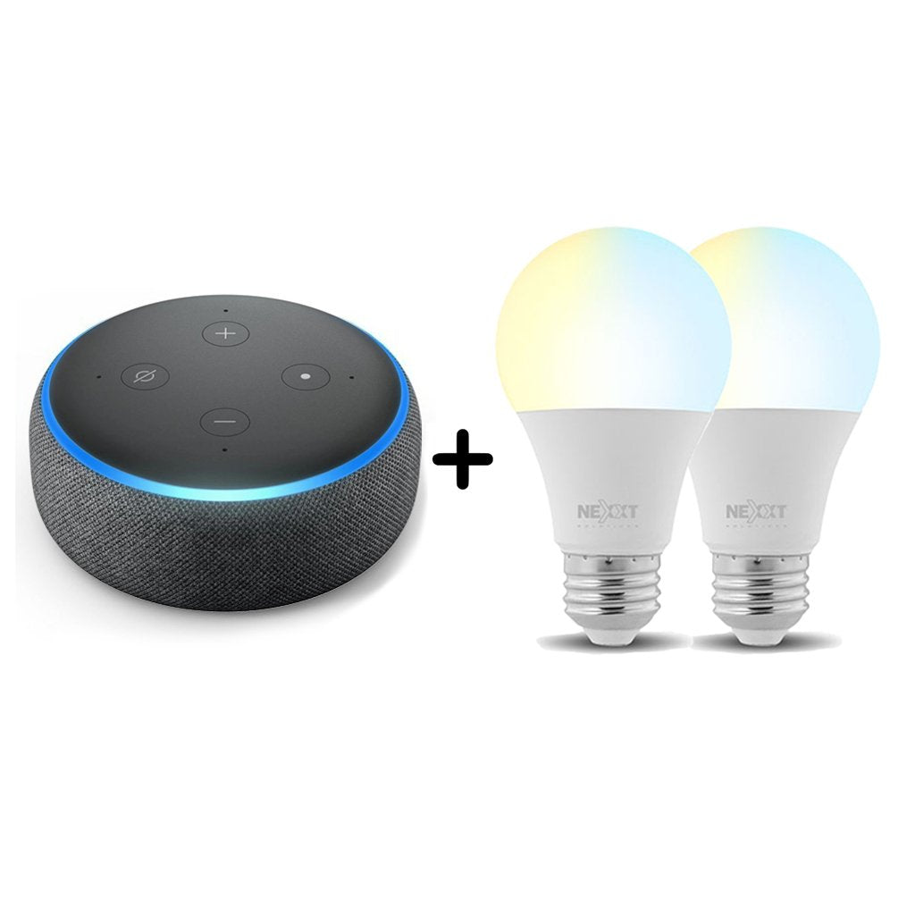 Amazon Parlante Inteligente Echo Dot, 3ra Generación + Nexxt Solutions Bombillo Inteligente Wi-Fi LED W110, Pack 2 Unidades